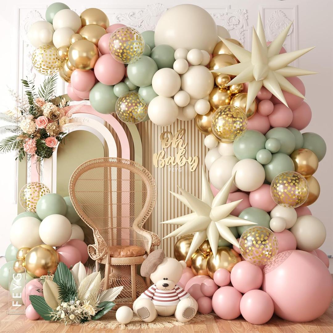 Sage Green Pink Balloon Arch Garland Kit, Sage Green Pink Sand White Beige Balloons with Gold Confetti Balloon Star Balloons for Jungle Safari Bridal Baby Shower Birthday Party Decoration