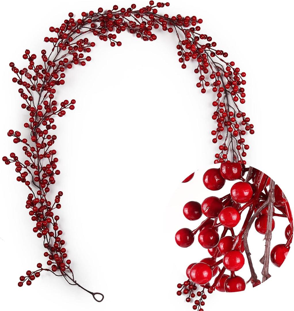 RECUTMS Red Berry Garland Christmas Decoration 5.9Ft Holiday Garland Artificial Berry Garlands with Bendable Stems Christmas Fireplace Decoration Banister(Red Berry)