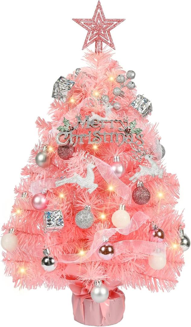 HMASYO Small Christmas Tree with Lights and Ornaments, 22 Inch Pink Tabletop Mini Christmas Tree with Light, Star Topper, DIY Artificial Table Top Xmas Tree for Holiday Indoor Home Decoration