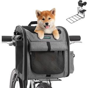 Dog Bike Front Basket, 4 in 1 Foldable Pet Backpack/Shoulder Bag/Auto Seat with Heavy-Duty L-Shaped Mount 3.15 in, Waterproof Cushion & Reflective Strips, Supports Up to 22lbs