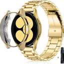 Compatible For samsung galaxy watch 6 44mm  Stainless Steel Strap band with TPU case galaxy watch 6 classic 44mm case Cover (Gold)
