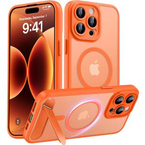 Magnetic Compatible with iPhone 15 Pro Max Case, [Built-in Kickstand][Full Camera Protection][Compatible with MagSafe][Anti-Fingerprint] Shockproof Phone Case for iPhone 15 Pro Max 6.7",Orange