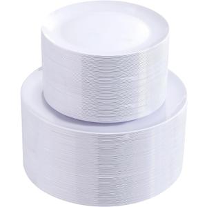 bUCLA 100PCS White Plastic Plates - Heavy Duty White Disposable for Wedding & Party, Include 50 Dinner 10 inch & 50 Dessert 7 inch