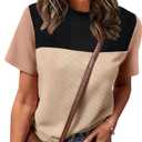 WIHOLL Womens Fashion 2026 Color Block Shirts Short Sleeve Crewneck Knitted Spring Summer Tops Casual Trendy (Beige, XXL)