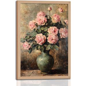 Framed Vintage vase Pink Peonies Painting, Wall Art Floral Art Print, Rustic Wall Decor, for living room and bedroom Dining room gallery Preparing to hang 16x24in
