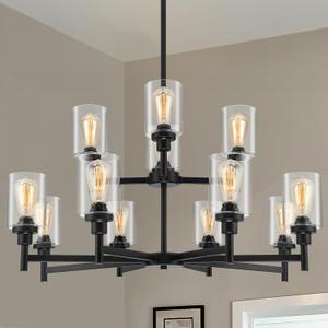 LIGHTDAMY Black Chandelier for Living Room Light Fixture, Large Farmhouse Chandeliers with Clear Glass Shade, Industrial 2-Tier 12 Lights Hanging Lighting for Dining Room Restaurant Villa, 12-Light D37.4"