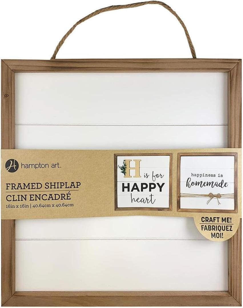 Hampton Art Rustic Shiplap Frame – 16" x 16", White – Easy to Decorate, Paint, Embellish, or Stencil – Includes Jute Rope for Hanging