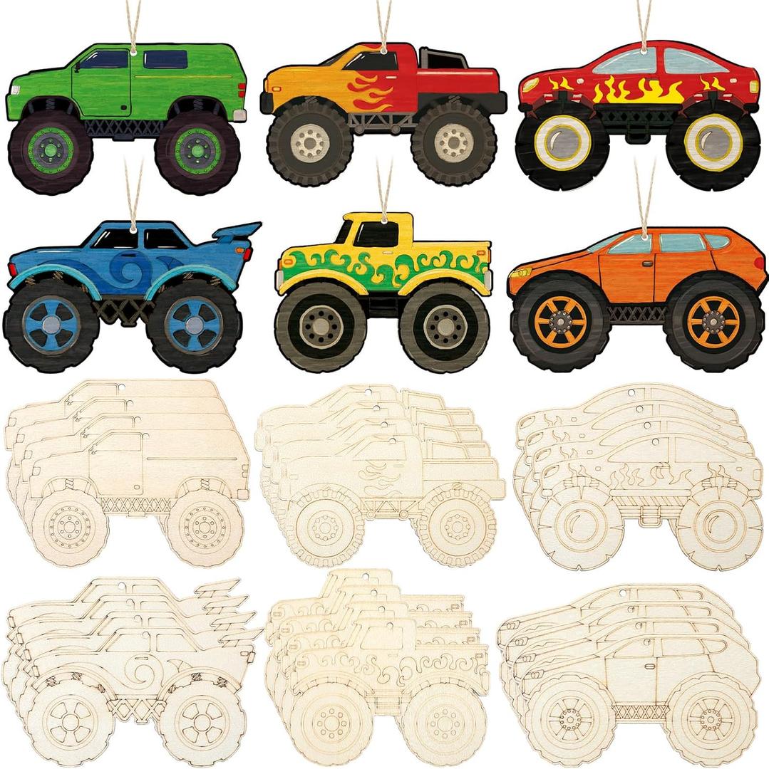 Simgoing 36 Pcs Truck Wooden Cutouts Crafts Unfinished Wood Truck Ornaments DIY Blank Crafts for Home Birthday Hanging Ornaments Party Decorations Supplies