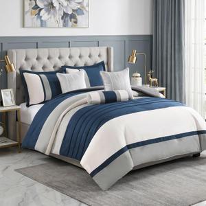 King Comforter Set Navy Cream Gray, Luxury Suede Feel, 7-Piece