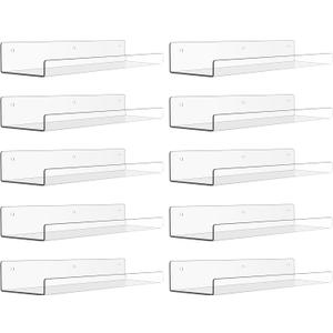 upsimples 10 Pack Acrylic Shelves for Wall Storage, 15" Floating Bookshelves for Kids, Display Shelf Organizer for Bathroom, Bedroom, Living Room Decor, Kitchen, Clear