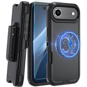Magnetic for iPhone Air Case,with Belt Clip,[Compatible with Magsafe] W/Tempered Glass Screen Protector,Anti-Drop,Shockproof,Heavy Duty Protection (Black)