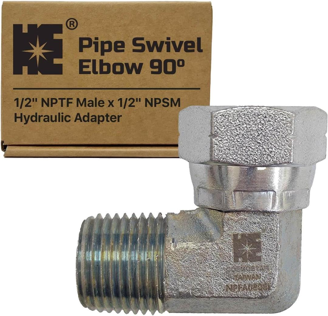 Cosmostar 1/2" NPTF Male x 1/2" NPSM Pipe Swivel Elbow 90-degree, Hydraulic Adapter