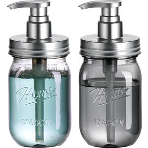 Amolliar Plastic Mason Jar Soap Dispenser with Pump Lid,16OZ Refillable Hand Soap Dispenser Set with Cute Lables - Farmhouse Decor for Kitchen Bathroom, Liquid Soap, Dish Soap, Lotion (2 Pack, Silver)
