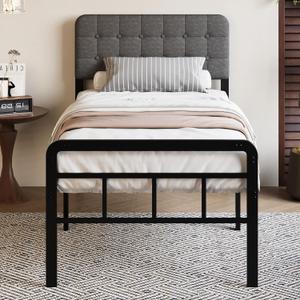 18 Inch Twin Bed Frame with Upholstered Headboard and Footboard, Heavy Duty Metal Slats, with Under Bed Storage, No Noise, No Box Spring Needed, Easy Assembly, Black