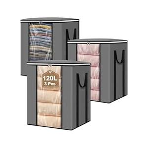 60L Comforter Storage Bag, Sturdy Construction Blanket Storage Bin w/Durable Handles, Foldable Storage Box w/Dual Zippers for Sheets Quilts Sweaters Bedding Sets Pillows, 2 Pack, Black