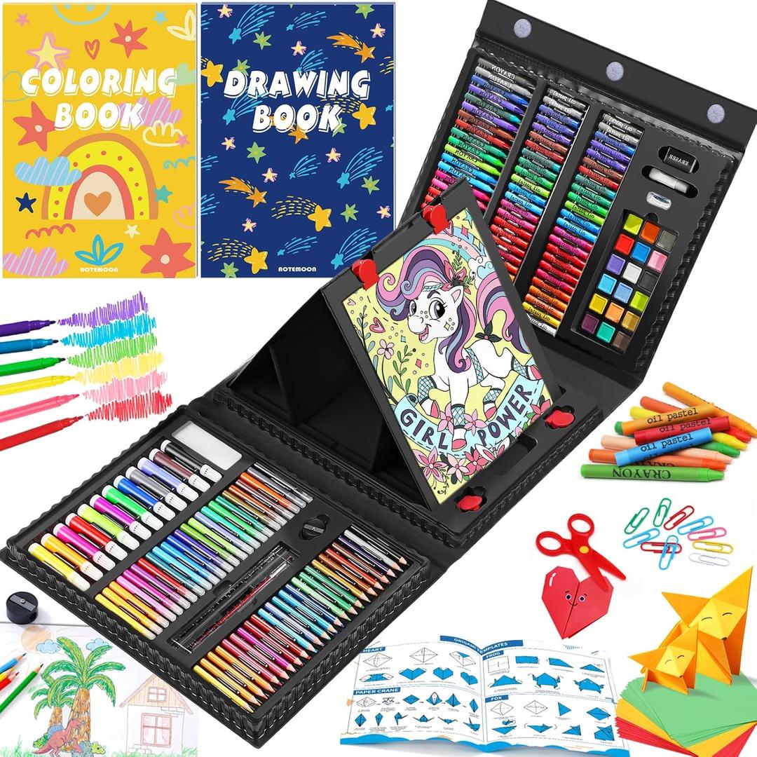 All in One Art Supplies, Art Kit Includes Origami & Paper-Cutting Crafts, Easel, Colored Pencils, Crayons, Drawing Book, Coloring Book, Watercolor Markers and More, Art Set for Kids Girls Boys, Black
