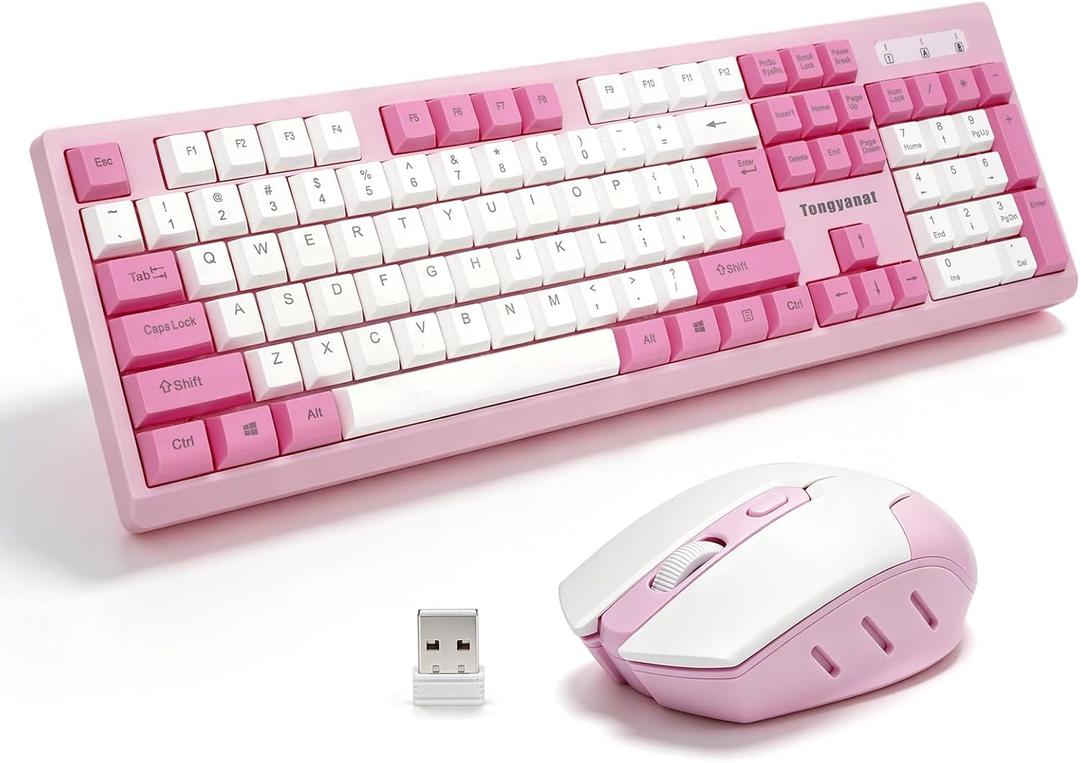 Tongyangat Wireless Keyboard and Mouse Combo, 2.4G Full-Size Keyboard Mouse Set, Plug & Play, Quiet Click, Ergonomic Design, Compatible with Windows, Mac, Laptop, Desktop, Computer (T906-Pink)