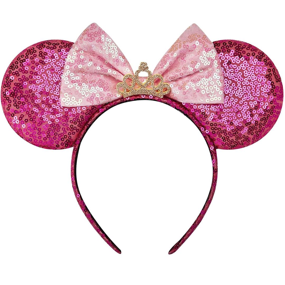 RAZKO Minnie Ears Headband, Sequin Mickey Hairband Mouse ears Hair Accessory for Women Girls(Rose Red Crown L)