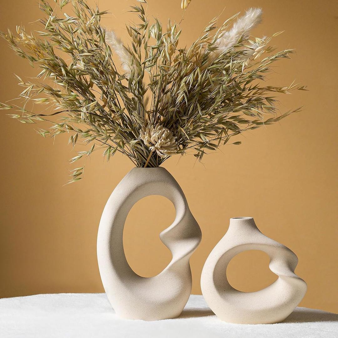 Modern White vase Set of 2, Pampas Grass Ceramic vases for Wedding Party, Aesthetic Flower Vase for Home Decor, Kitchen Tables, Living Room, Bedroom, Console, Wooden Shelf, Office, Coffee Decoration (2 Pcs)