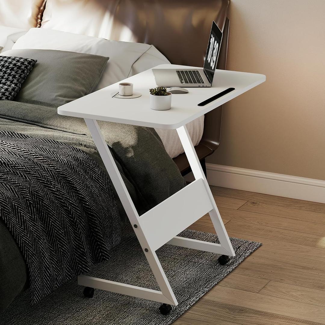 Overbed Bedside Table with Wheels, Small Desk Portable Rolling, Overbed Table Home Use, Movable Desk (White)
