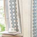 jinchan Boho Curtains Linen Blend Beige Farmhouse Curtains 63 Inches Long for Living Room Blue Square Embroidered Bordered Back Tab Bedroom Window Light Filtering Bohemian Drapes 2 Panels