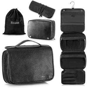 Elviros Hanging Toiletry Bag Removable Travel Bag PU leather Makeup Cosmetic Organizer Kit, Black (1 Pack)