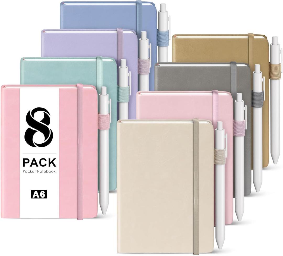 Pocket Small Notebook Journals, 8 Pack (8 Pastel Color) Mini Notebook 3.7x5.7 Journaling Notebooks for Women Men, A6 Hardcover Lined Note Pads with Pens for Work, Business, Travel Journal, Office Supplies