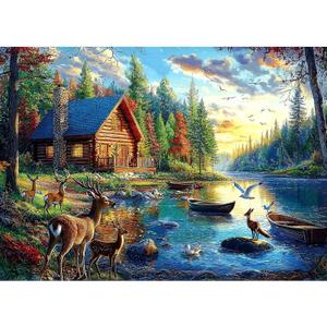 Blueforest 1000 Piece Jigsaw Puzzle for Adults Lake Lodge & Elk Landscape Hard Challenging Puzzle Perfect for Game Nights Family (27.5" X 19.7")
