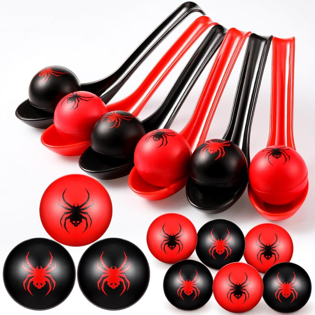 24 Pcs Halloween Spoon Race Game Set Halloween Themed Spider Ball Ornaments Black Red Spoons Fun Relay Race Games Toys for Indoor Outdoor Party Party Favors Supplies
