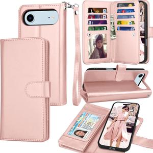 Tekcoo Wallet Case Compatible with iPhone 17 Air (6.6 inch) 2025 Luxury ID Cash Credit Card Slots Holder Carrying Pouch Folio Flip PU Leather Cover [Detachable Magnetic Hard Case] Strap [Rose Gold]
