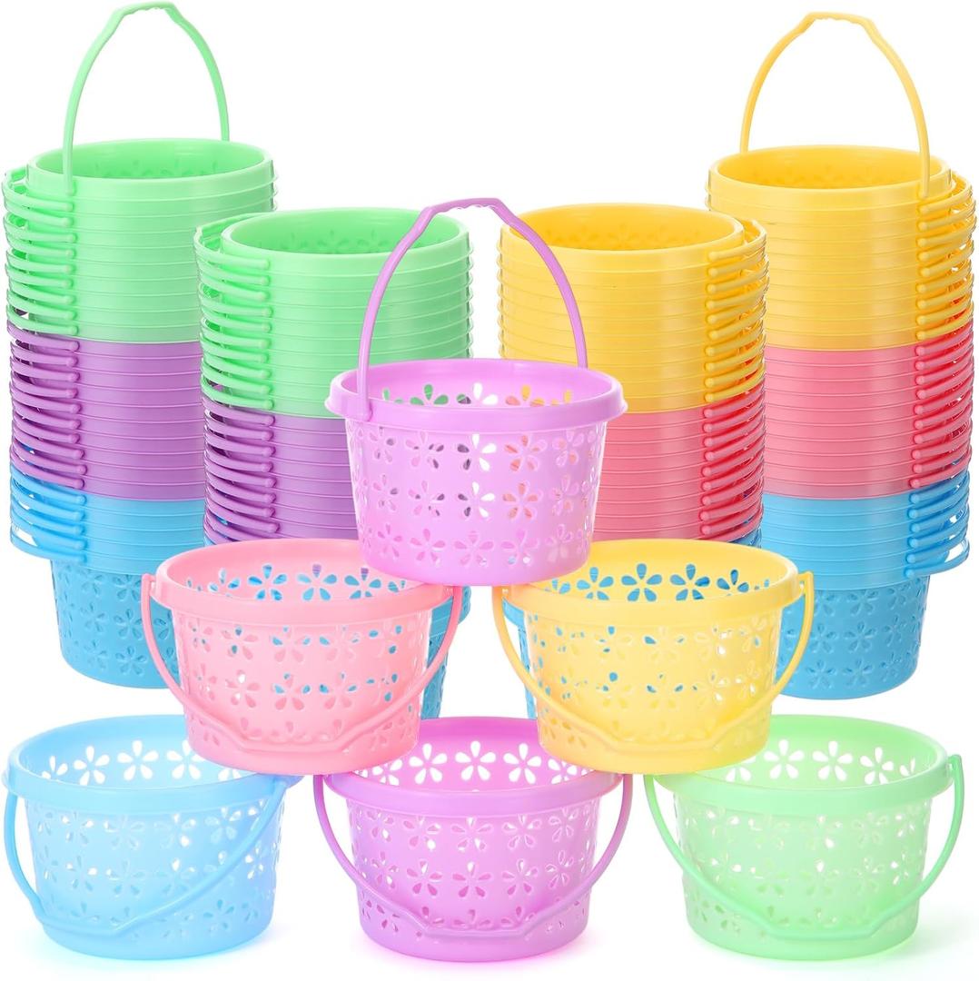 Havawish Easter Baskets Bulk with Handle Small Colorful Plastic Eggs Baskets Easter Bucket for Egg Hunt Spring Party Favors(100 Pcs,Round)