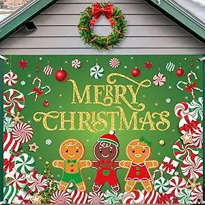 Christmas Candy Garage Door Decoration Merry Christmas Garage Door Banner Cover Peppermint Candy Cane Gingerbread Man Garage Backdrop for Xmas Eve Holiday Outdoor Wall Decor, 7 x 9 ft