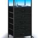 Furnulem Night Stand with Charging Station, Tall Black Dresser for Bedroom, Nightstand with Led Light, Bed Side Table for Living Room, Fabric Storage Drawer, Metal Frame, Wood Furniture