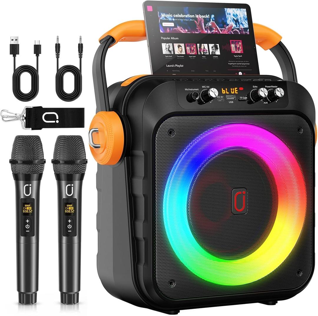 Karaoke Machine with 2 Microphones HWWR 80W Portable Bluetooth Speaker with 6.8" Subwoofers, All in One Karaoke for Adults Kids PA System, Jump Disco Lights Gifts for Home Party Outdoor