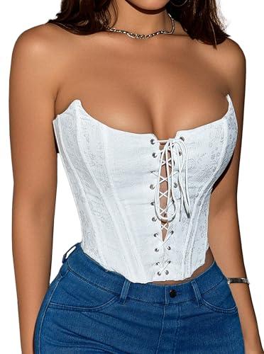 Benfoly White Corset Tops for Women Strapless Backless Lace-Up Bustier Crop Tank Top Sleeveless Sexy Summer Going Out Top Y2K, Size S
