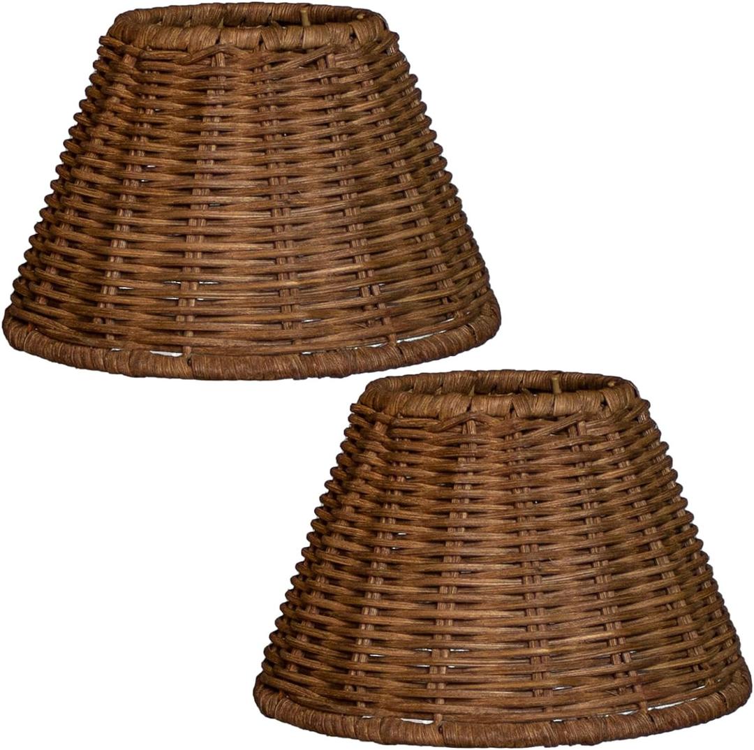 mini lampshades set of 2, Natural Rattan, 3" Top x 6" Bottom x 5-1/4" Slant Height,boho Lamp shade replacement clip-on traditional shades (deep brown)