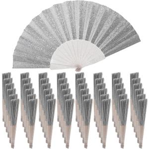 48 Pack Handheld Fan,Folding Hand Glitter fan with Shining Transparent Fan Rib Ideal for Wedding, Church, Festival, Dance, Tea Party, Club, and EDM Accessories, Silvery