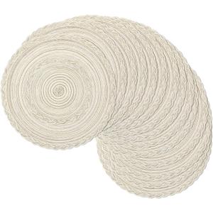 SHACOS 15 inch Round Braided Placemats Set of 12 for Dining Table Woven Boho Place Mats Kitchen Placemat Washable Table Mats, Ivory Bordered