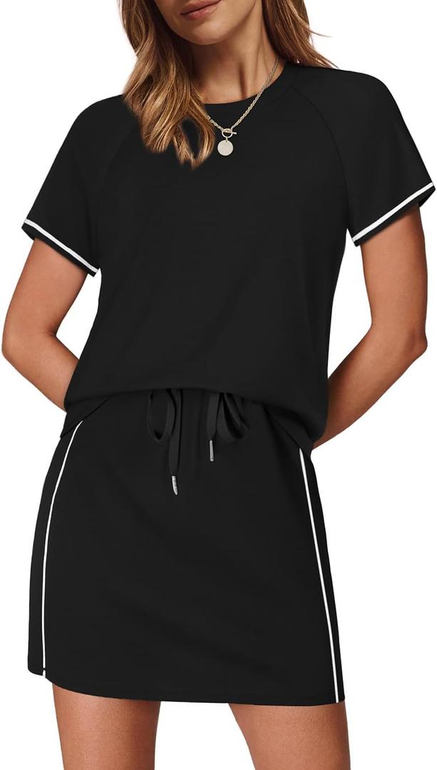Sampeel 2 Piece Sets for Women Skirt Sets Summer Outfits Womens Clothing Set Travel Workout Skort Sets (Black, XL)
