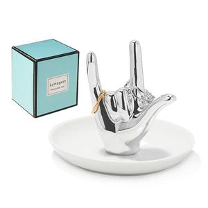 I LOVE YOU Hand Ring Holder - Ceramic Jewelry Holder Dish Trinket Tray for Rings, Earrings, Necklace Organizer - Engagement, Wedding, Christmas, Birthday Gifts (Silver)