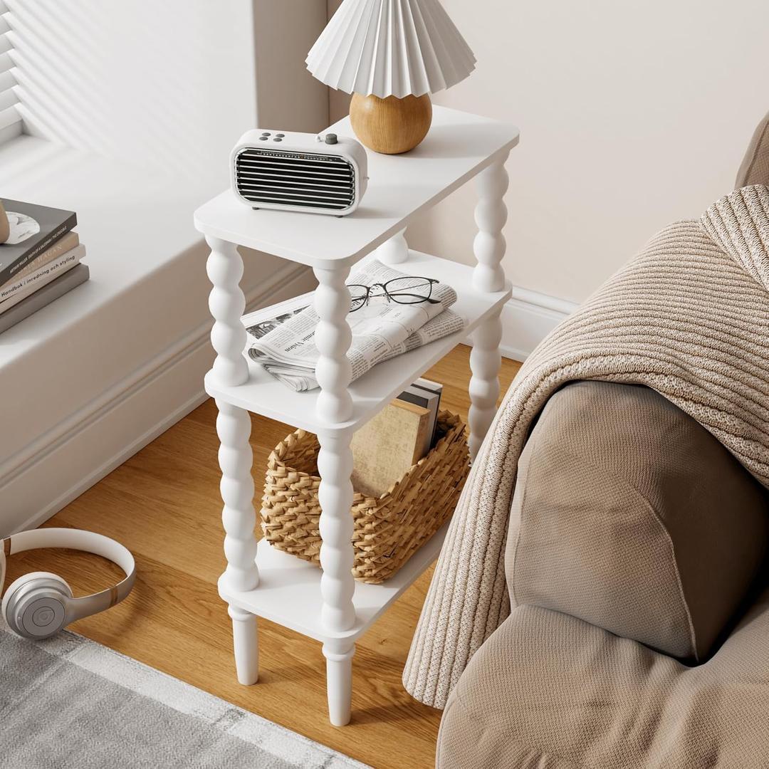 Side Table, Small End Table with Storage Shelf, 3-Tier Small Coffee Tables for Living Room Bedroom Narrow Spaces(White)