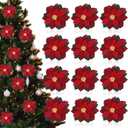 Suncalla 36 Pcs Wooden Poinsettia Flowers for Christmas Tree, Red Poinsettia Christmas Ornaments with Hemp Ropes for Xmas Tree Decorations Wreaths New Year Door Wedding Decor