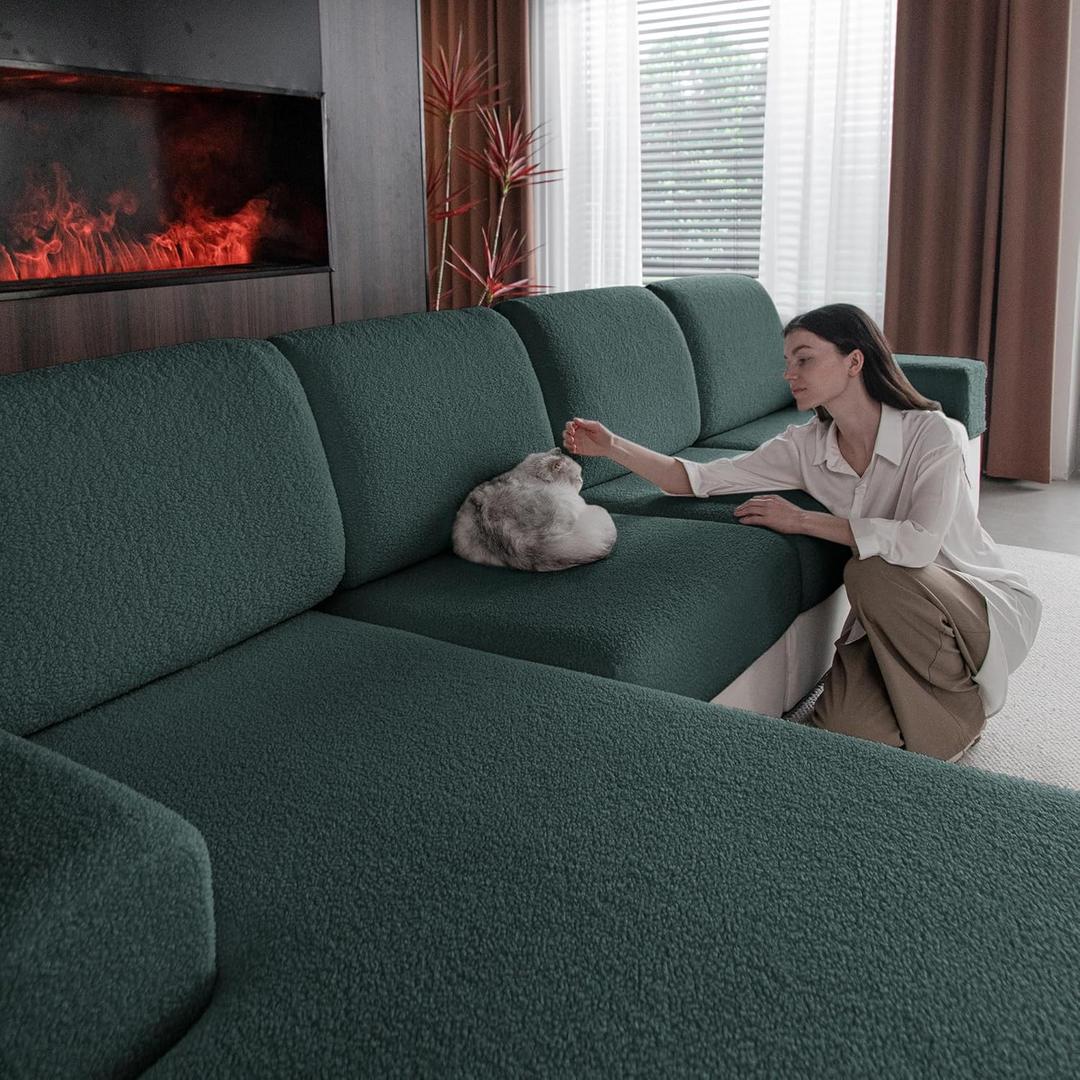 OHSIO Couch Cushion Covers for Sectional Sofa, Stretch Soft Sofa Slipcovers Washable Wear-Resistant Universal Furniture Protector for Living Room(3 Seaters Covers, Green)