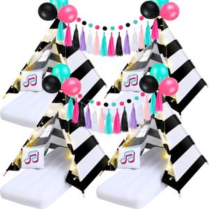 Windyun 4 Pack Teepee Tents for Kids Slumber Party with Air Mattress,Light,Pillows,Music Theme Sleepover Tents for Girls Party,Natural Cotton Kids Teepee for Indoor Outdoor