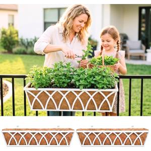 LaLaGreen Deck Railing Planter Outdoor (2 Pack, 30") Rectangular Window Flower Box with Coco Liner, White Metal Wall Hanging Planters Plant Holder Mounted Horse Troughs Rail Fence Patio Garden Decor