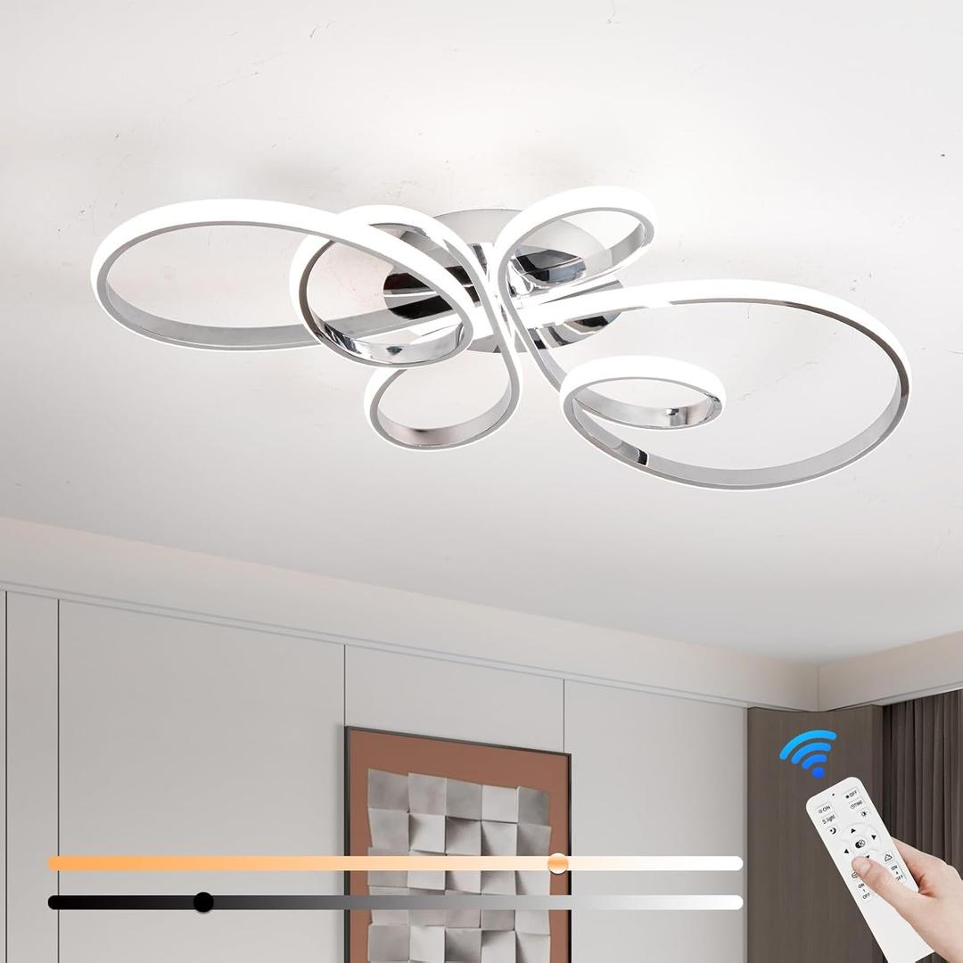 66W Modern LED Ceiling Light, 5 Rings Flower Flush Mount Light Fixture with Remote Control Chrome Dimmable Ceiling Lamp for Living Room, Bedroom, Dining Room, Hallway, Kitchen, 31.89Inch