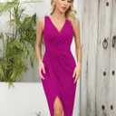 Missufe Women's Sleeveless V Neck Wrap Ruched Bodycon Party Cocktail Sheath Slit Midi Dress (Pink, L)