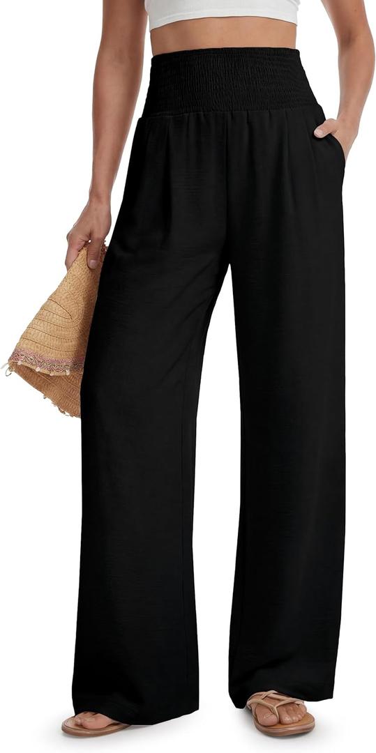 Tallemon Tall Women's 34" Inseam Palazzo Pants High Waisted Casual Wide Leg Summer Beach Lounge Trousers Black, L