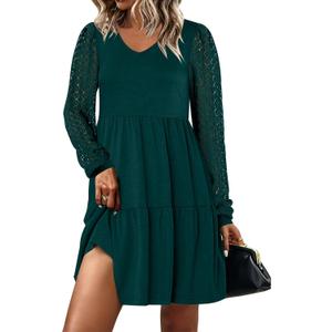 ANRABESS Dresses for Women Casual Lace Long Sleeve V Neck Tiered Swing Flowy Loose A-line Mini Short 2025 Fall Vacation Dress (Deep Green), Large