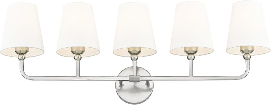 Bathroom Light Fixtures, 5 Light Brushed Nickel Vanity Lights with Flared White Fabric Shade, 35 Inch Wall Sconce, Modern Sconces Wall Lighting for Hallway Bedroom, VL837-BN-5